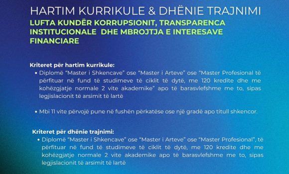 Thirrje per eksperte – Hartim kurrikule & dhenie trajnimi Lufta kundër korrupsionit, transparenca institucionale dhe mbrojtja e interesave financiare