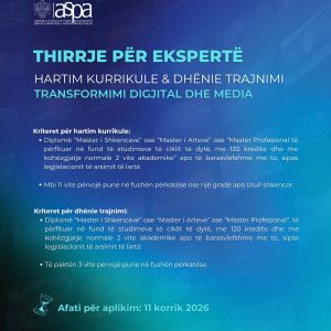 Thirrje per eksperte – Hartim kurrikule & dhenie trajnimi transformimi digjital dhe media